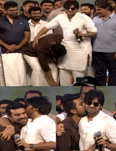 Ram Charan touches Pawan Kalyan’s feet, both kiss each other