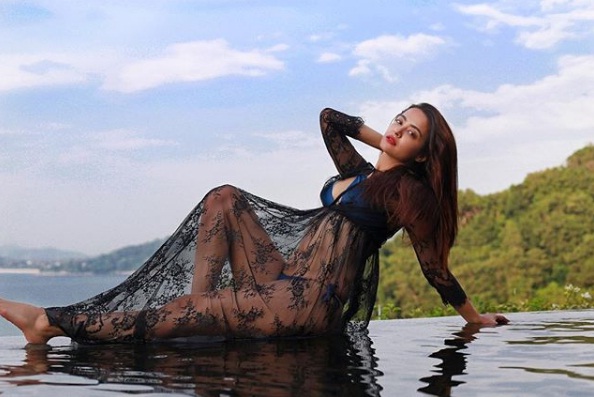Surveen Chawla bikini avatar in see through cape