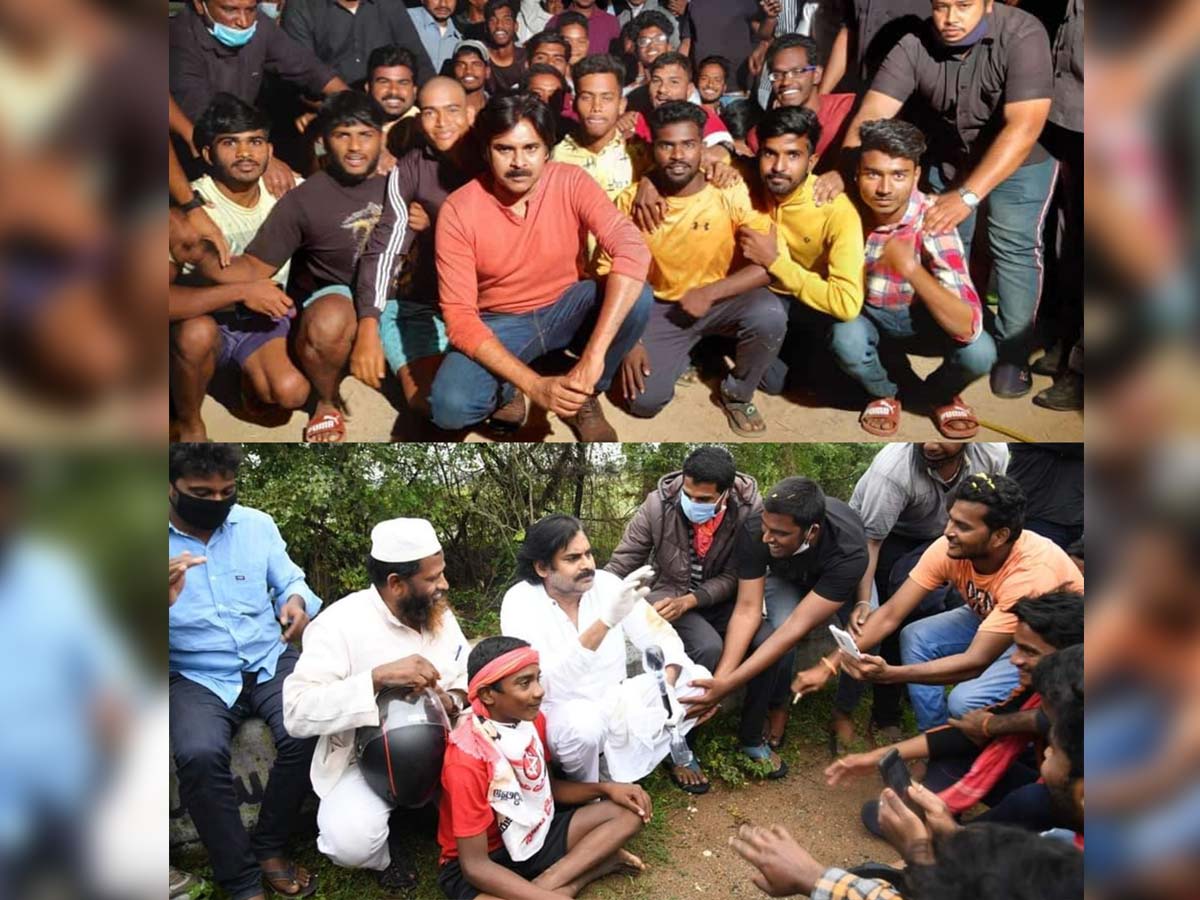 Pawan Kalyan crouching along with his fans