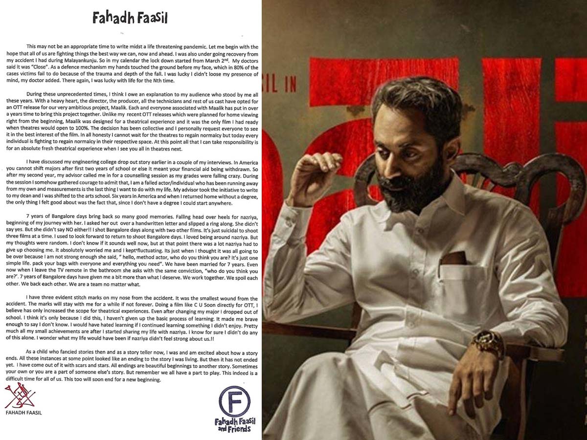 Pushpa villain Fahadh Faasil open letter about his accident