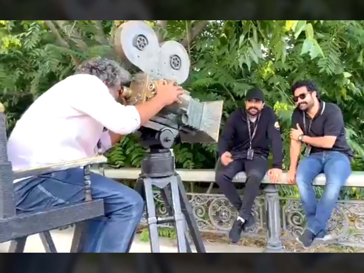 Rajamouli Ram Charan and Jr NTR chilling in-between the shots