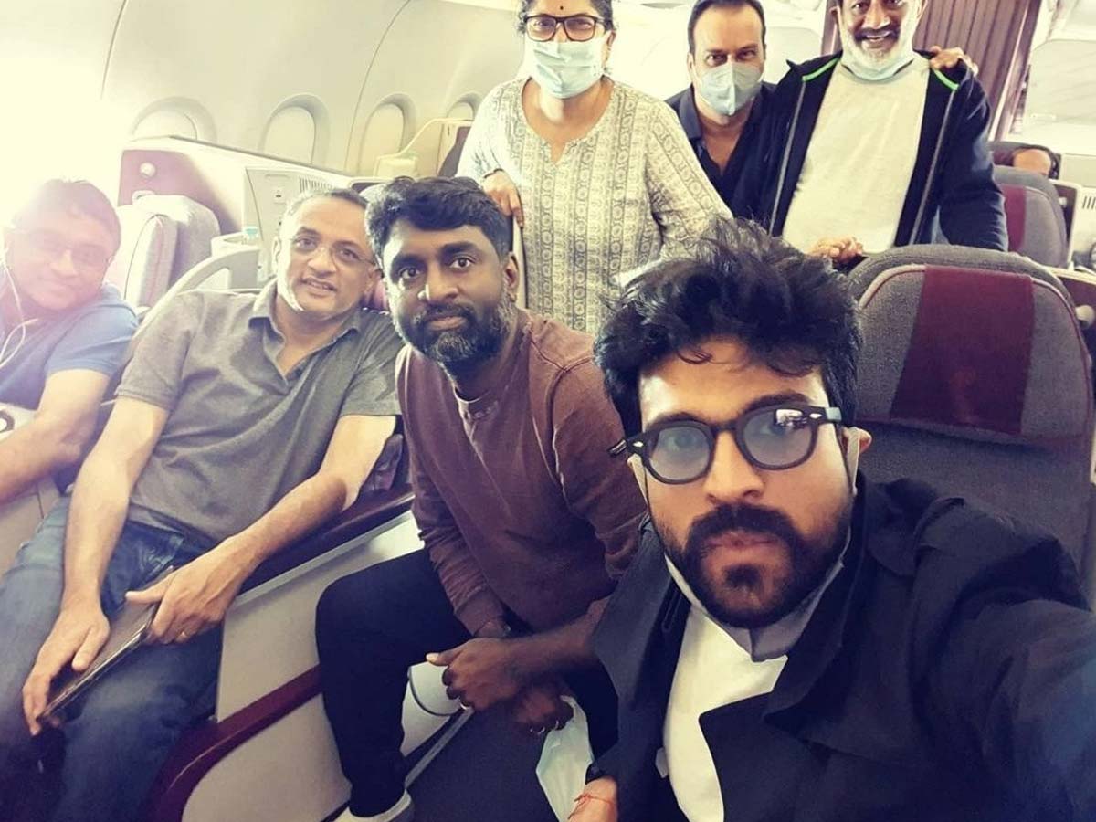 Ram Charan selfie with RRR team in flight