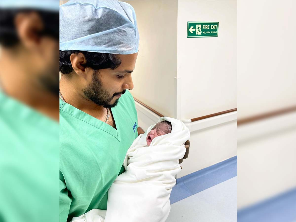 Jaguar actor Nikhil Kumaraswamy wife Revathy delivers a baby boy