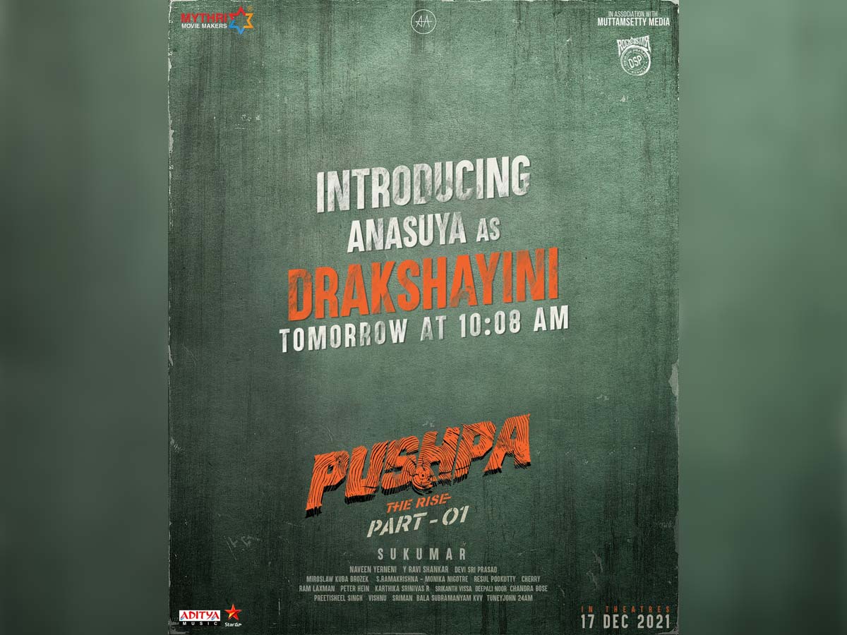 Pushpa: The Rise: Anasuya First look as Drakshayini tomorrow