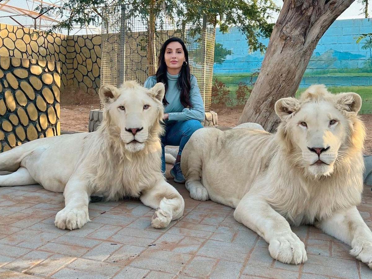 Manohari girl poses with two lionesses