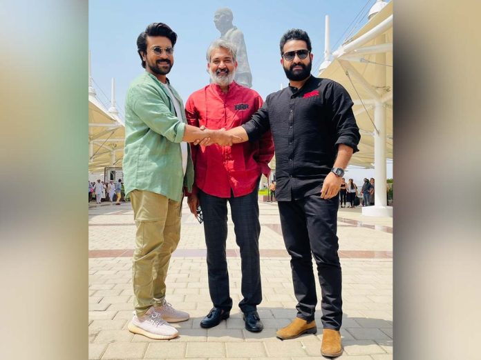 When Fire and Water of RRR unite at Statue Of Unity: Their signature handshake pose