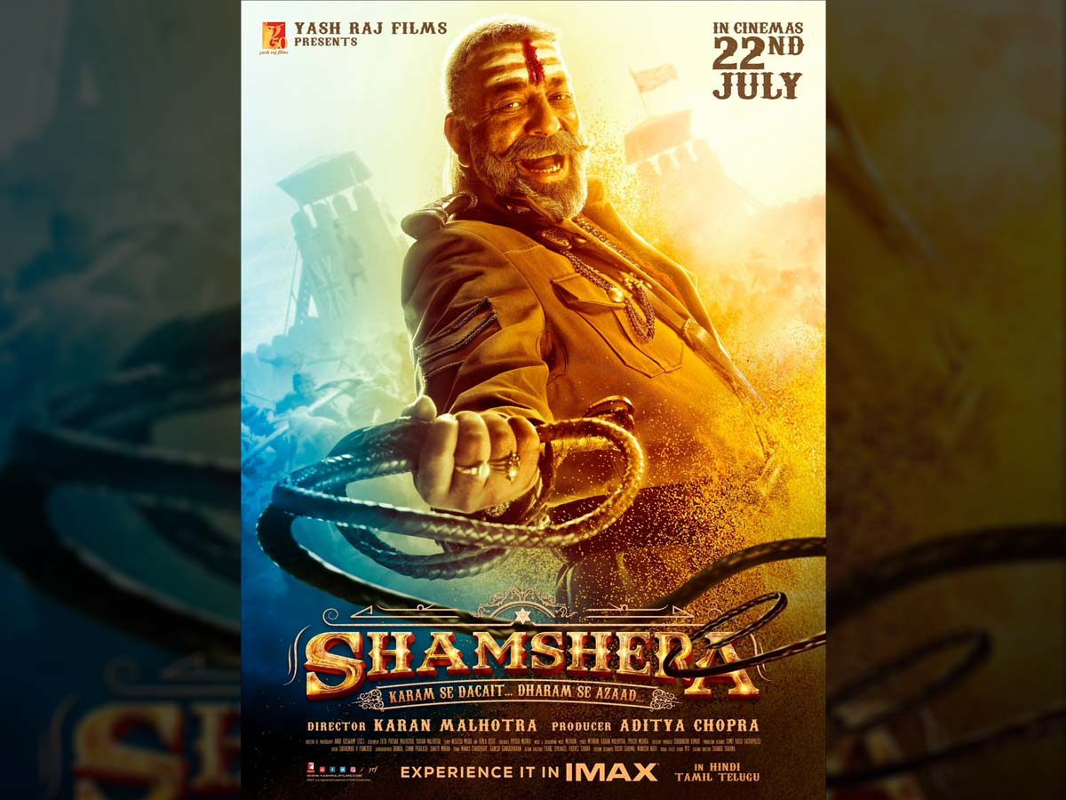  Shamshera:  Evil Sanjay Dutt as Daroga Shudh Singh holds a whip