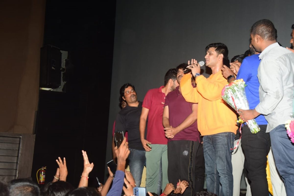 Actor Nikhil with fans at PGR Cinemas Tirupathi