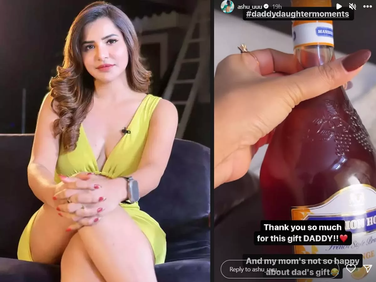 Ashu Reddy father gives her wine bottle as a gift